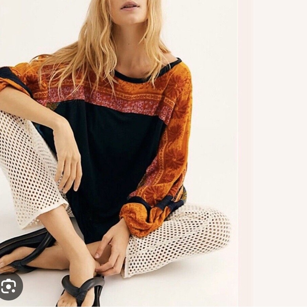 Free People top, black, gold, green, orange pink embroidered, puff sleeves  XS